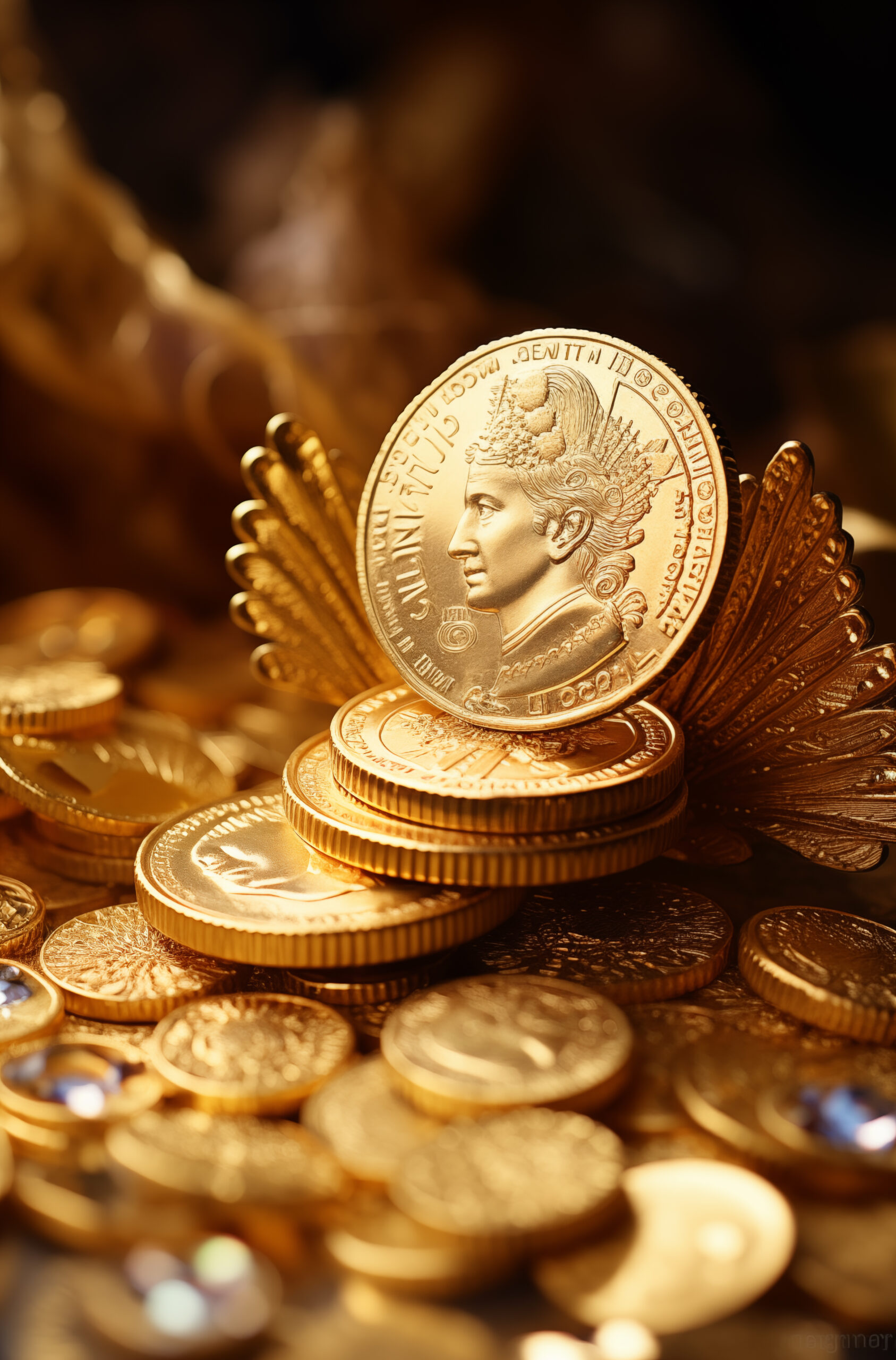 one gold coin is glued to the end of another, in the style of glamorous kitsch, rich and immersive --ar 29:44